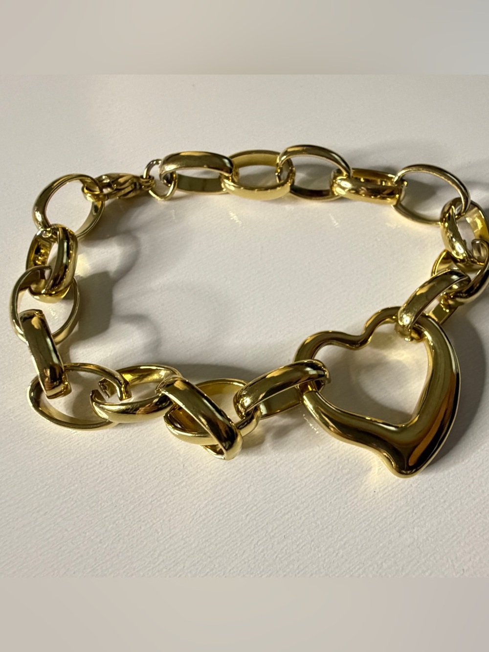 Gold Tone Heart Link Bracelet Chunky Statement Lobster Clasp Adjustable 8”